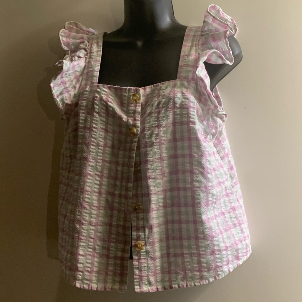 Blu Pepper pastel pink and soft mint green plaid ruffle sleeve top